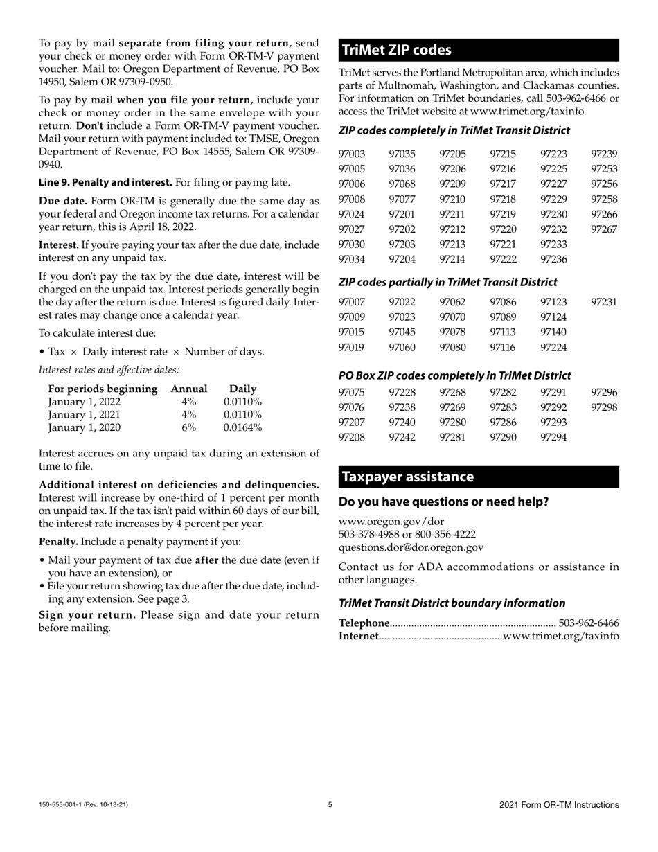 Instructions for Form OR-TM, 150-555-001 Tri-County Metropolitan Transportation District Self-employment Tax - Oregon, Page 5