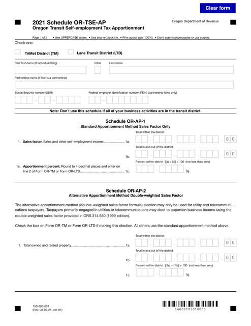 Form 150-500-051 Schedule OR-TSE-AP 2021 Printable Pdf
