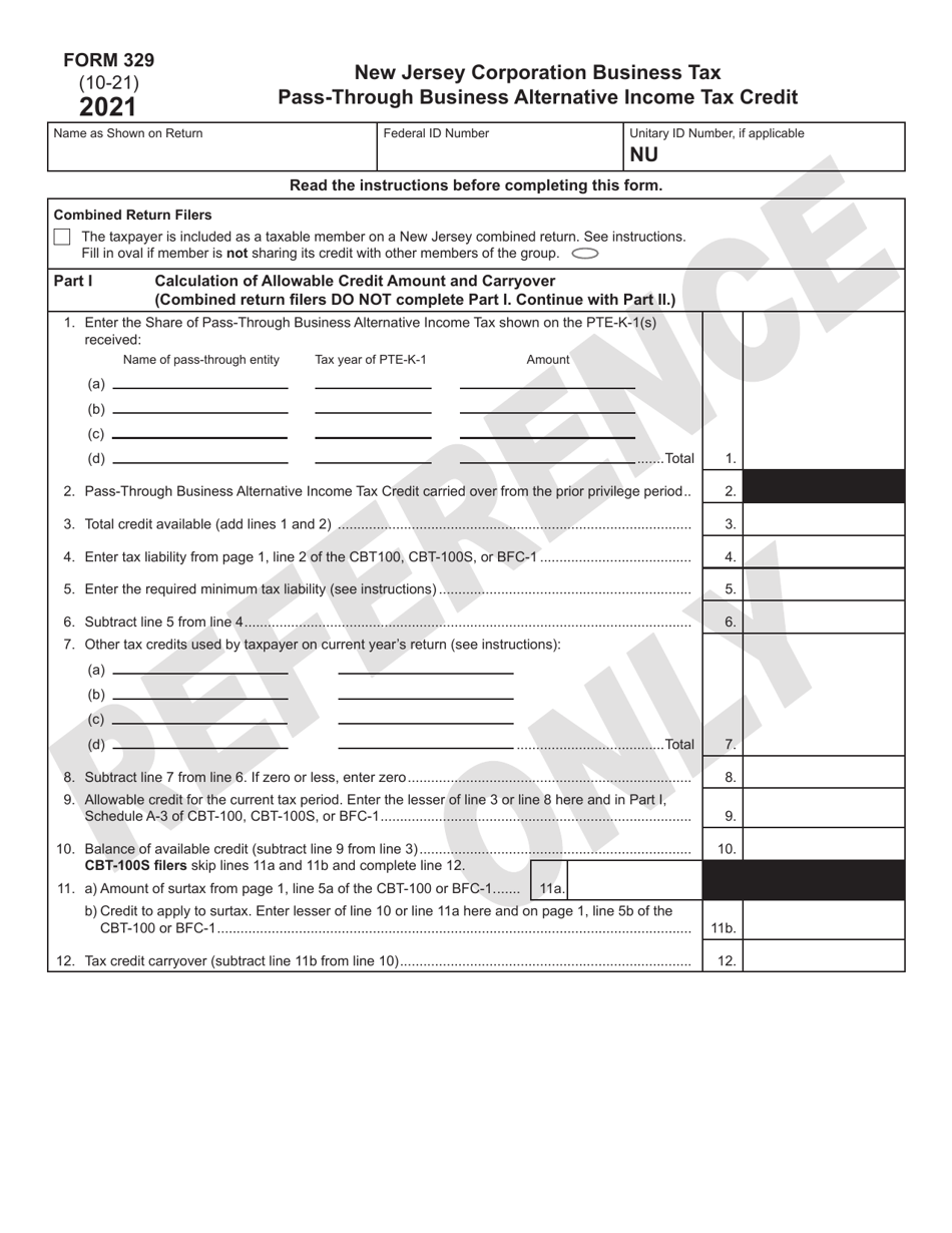 Form 329 Pass-Through Business Alternative Income Tax Credit - New Jersey, Page 1