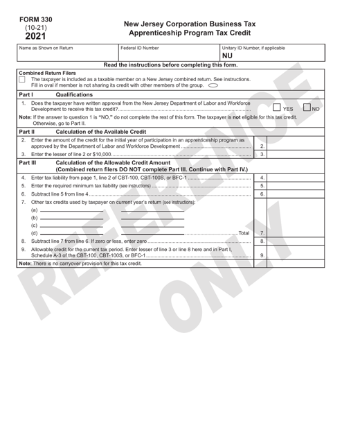 Form 330 Download Printable Pdf Or Fill Online Apprenticeship Program Tax Credit 2021 New 1608