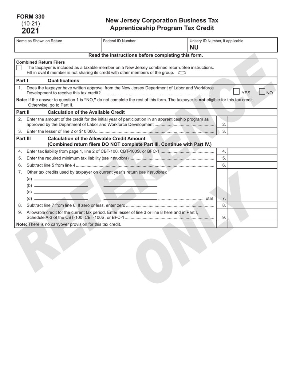 Form 330 Apprenticeship Program Tax Credit - New Jersey, Page 1