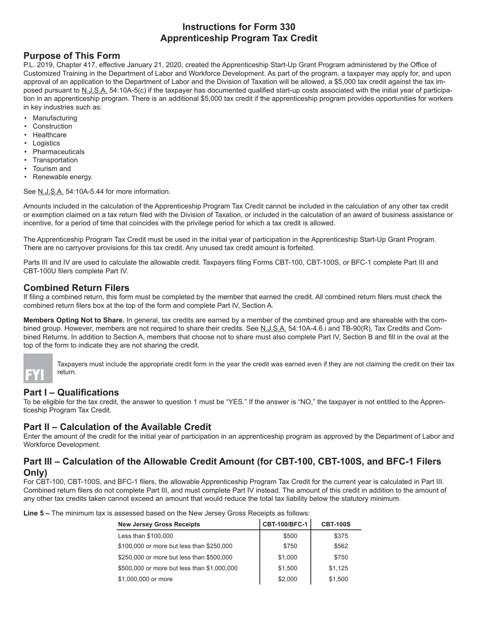 Form 330 Apprenticeship Program Tax Credit - New Jersey, Page 3