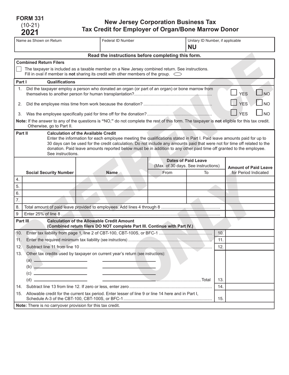 Form 331 Tax Credit for Employer of Organ / Bone Marrow Donor - New Jersey, Page 1