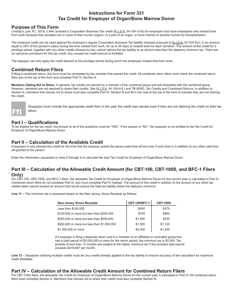 Form 331 Tax Credit for Employer of Organ / Bone Marrow Donor - New Jersey, Page 3
