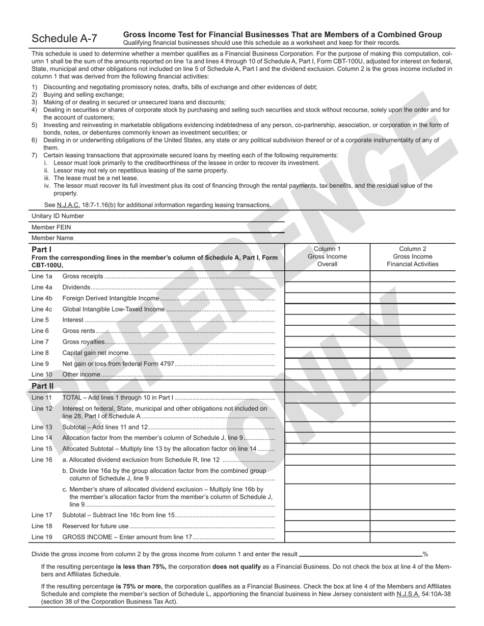 Form CBT-100U Schedule A-7 Gross Income Test for Financial Businesses That Are Members of a Combined Group - New Jersey, Page 1