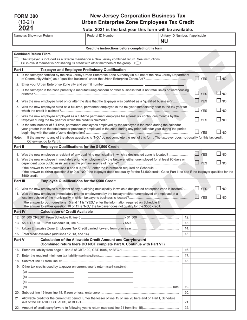 Form 300 Urban Enterprise Zone Employees Tax Credit - New Jersey, Page 1