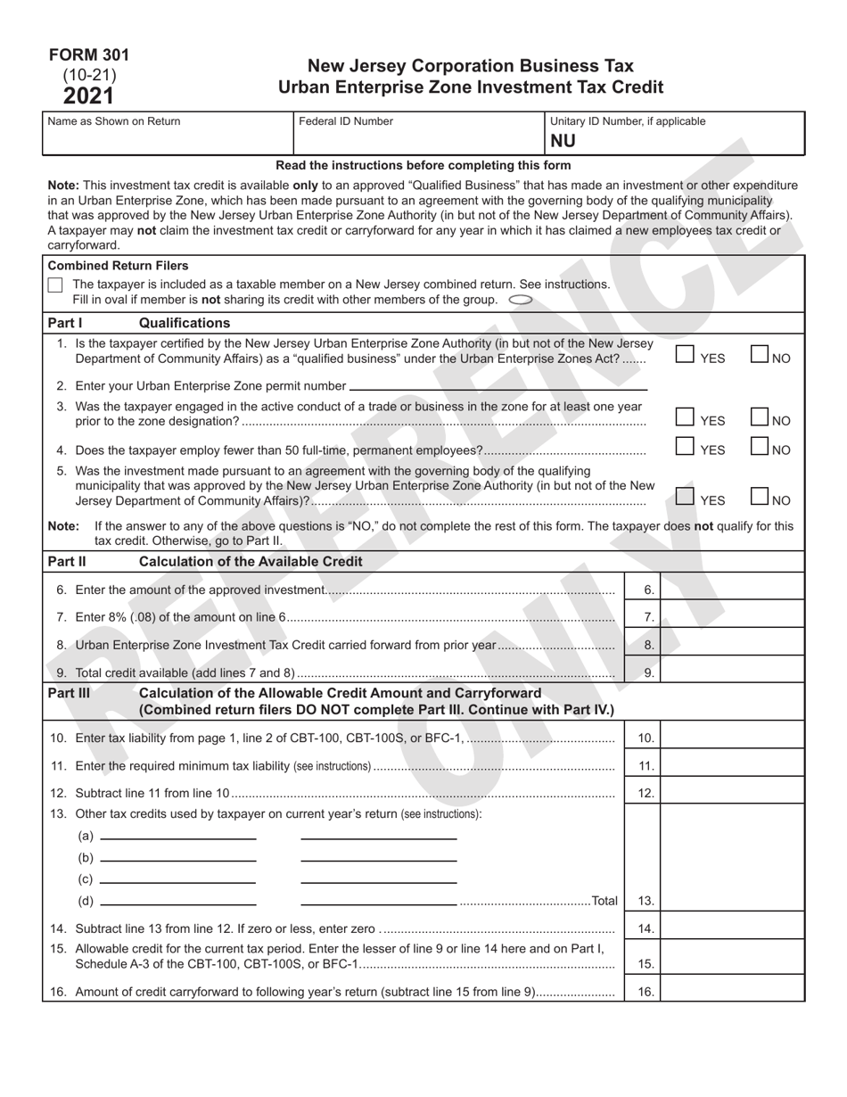 Form 301 Urban Enterprise Zone Investment Tax Credit - New Jersey, Page 1