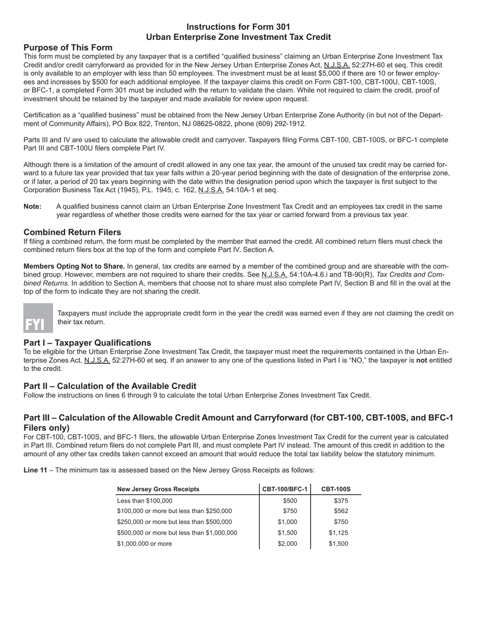 Form 301 Urban Enterprise Zone Investment Tax Credit - New Jersey, Page 3