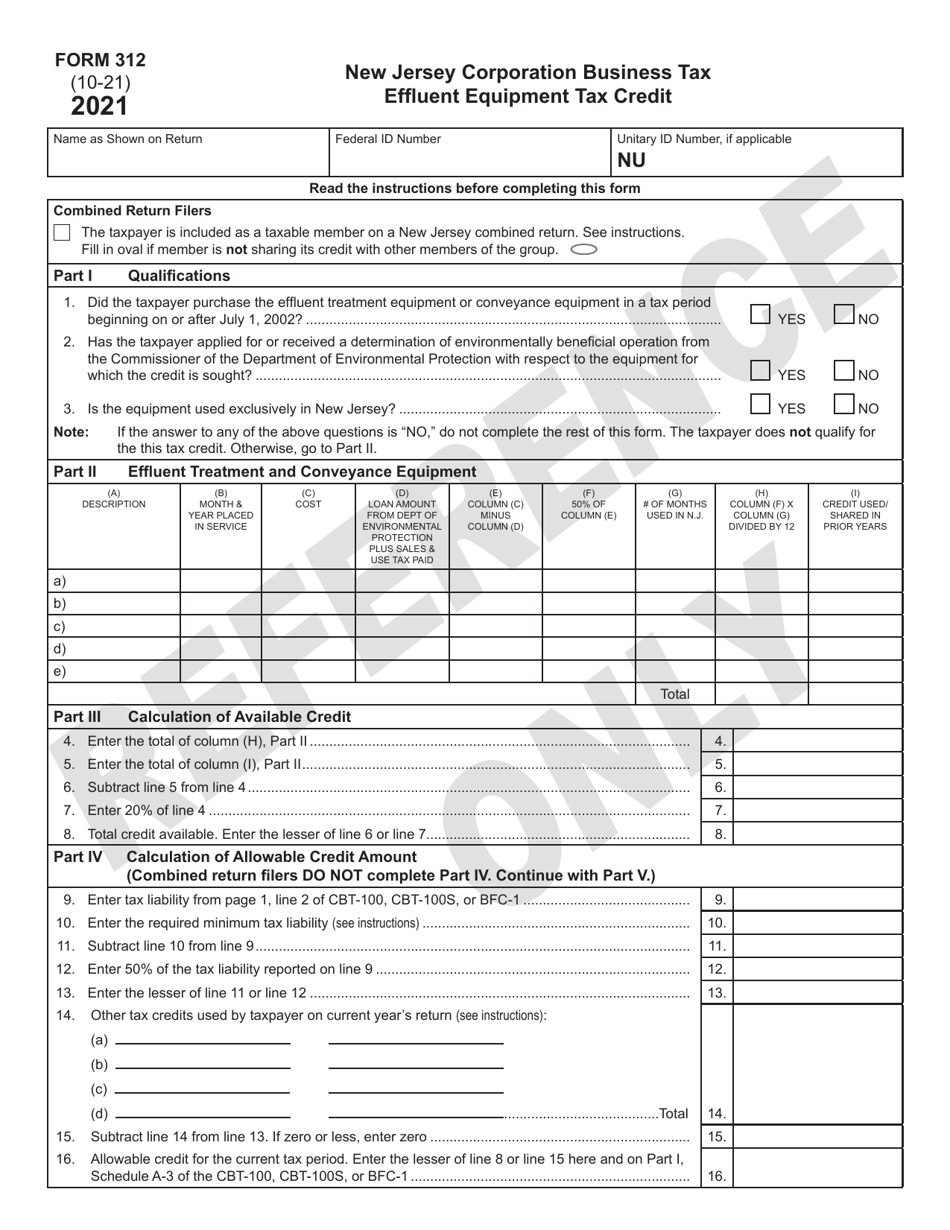 Form 312 Effluent Equipment Tax Credit - New Jersey, Page 1