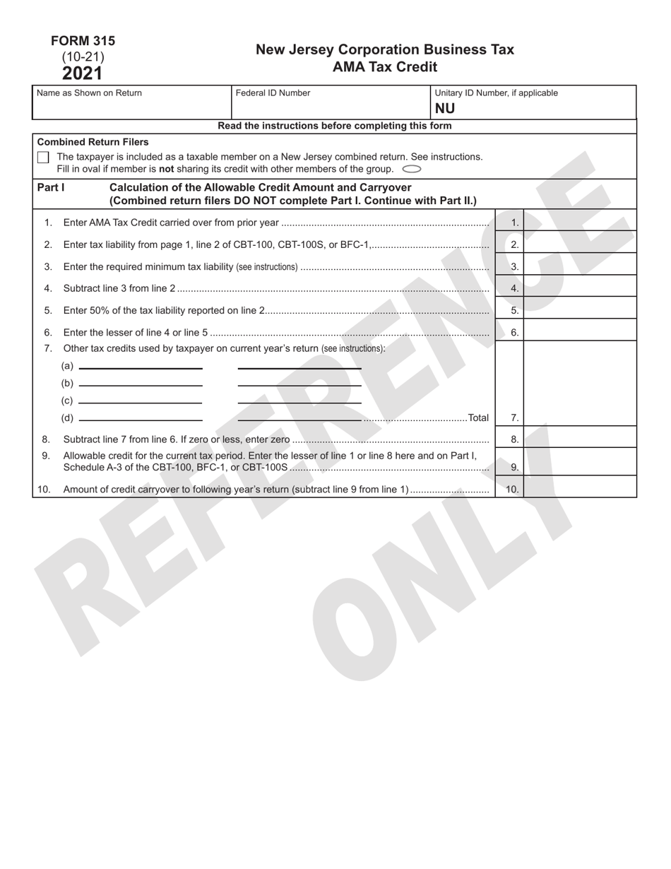 Form 315 2021 Fill Out Sign Online And Download Printable Pdf New Jersey Templateroller 4498