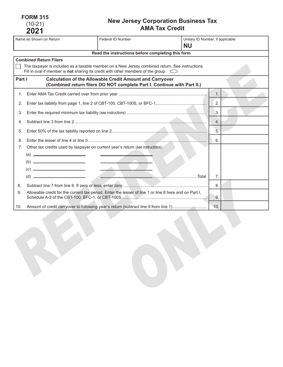 Form 315 Ama Tax Credit - New Jersey, Page 1