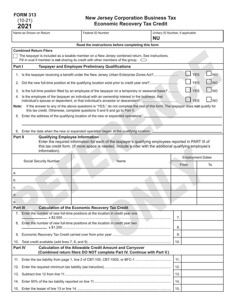 Form 313 Economic Recovery Tax Credit - New Jersey, Page 1