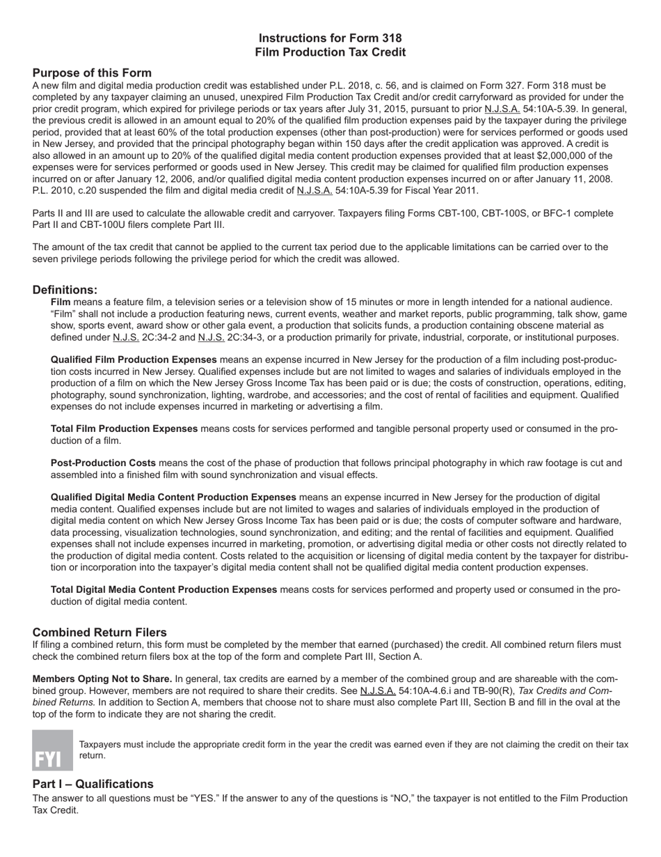 Form 318 Film Production Tax Credit - New Jersey, Page 3