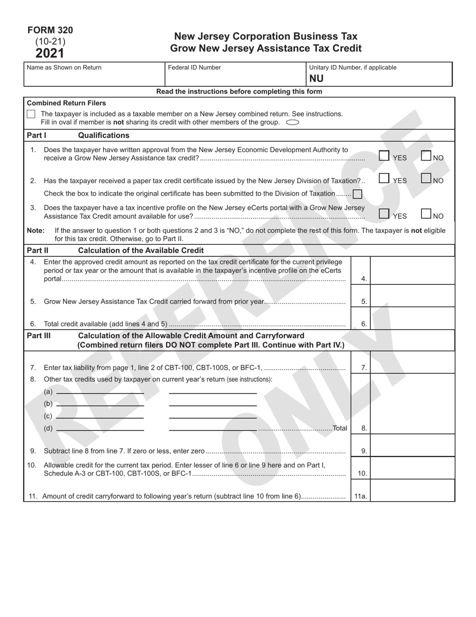Form 320 Grow New Jersey Assistance Tax Credit - New Jersey, Page 1