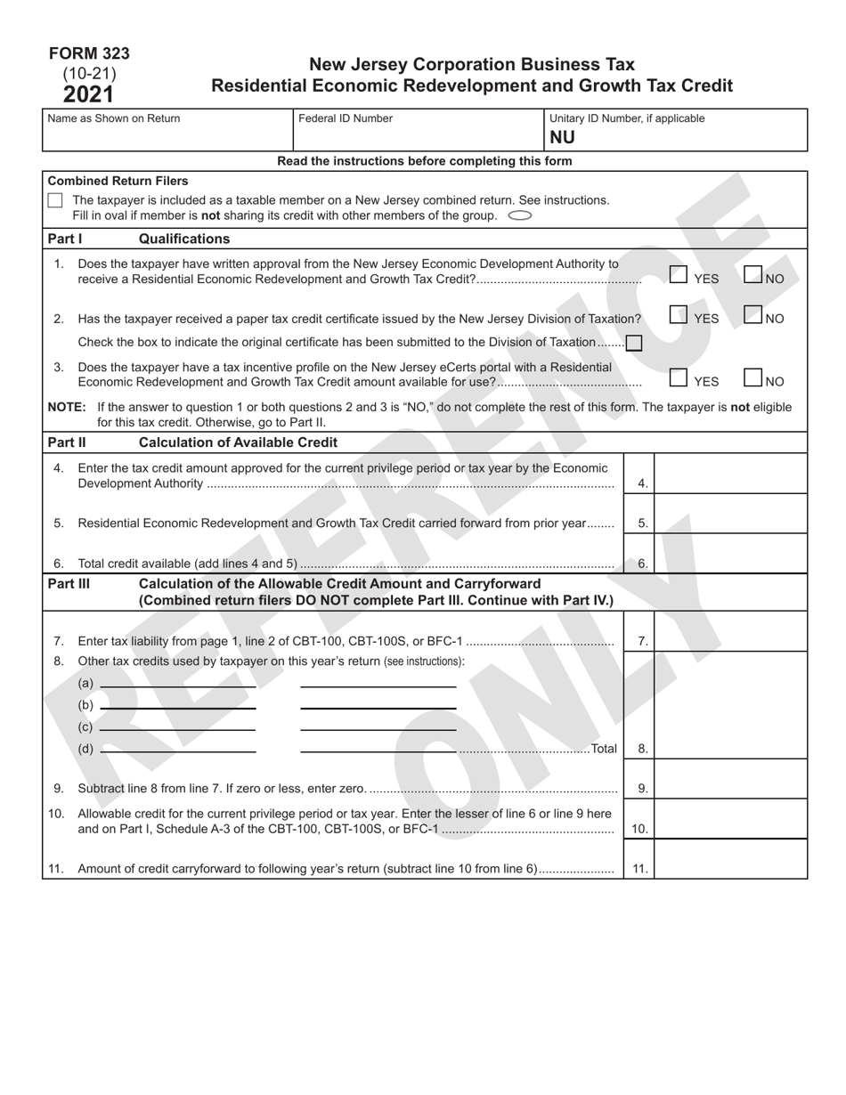 Form 323 Residential Economic Redevelopment and Growth Tax Credit - New Jersey, Page 1