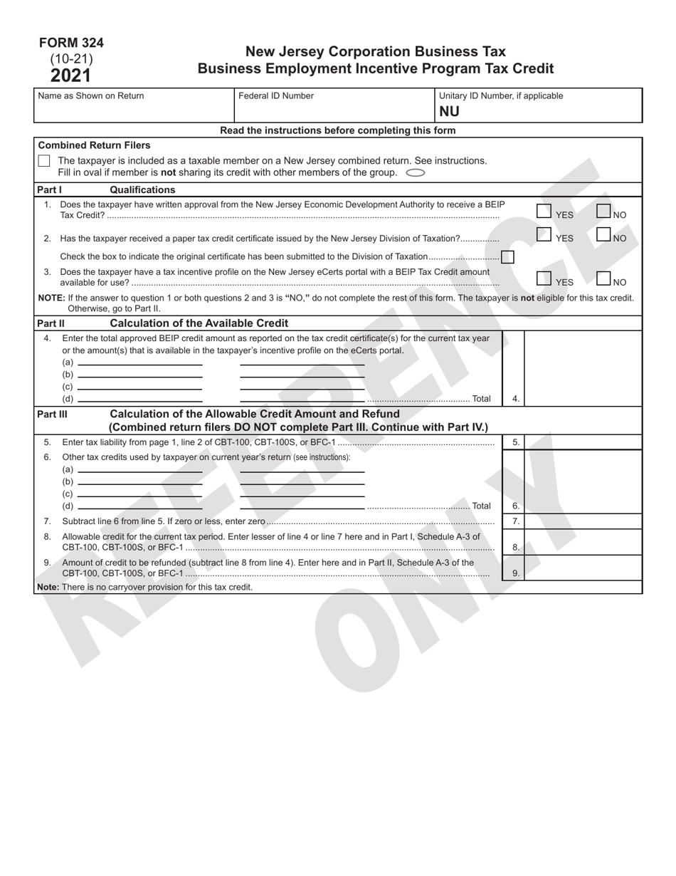 Form 324 Business Employment Incentive Program Tax Credit - New Jersey, Page 1