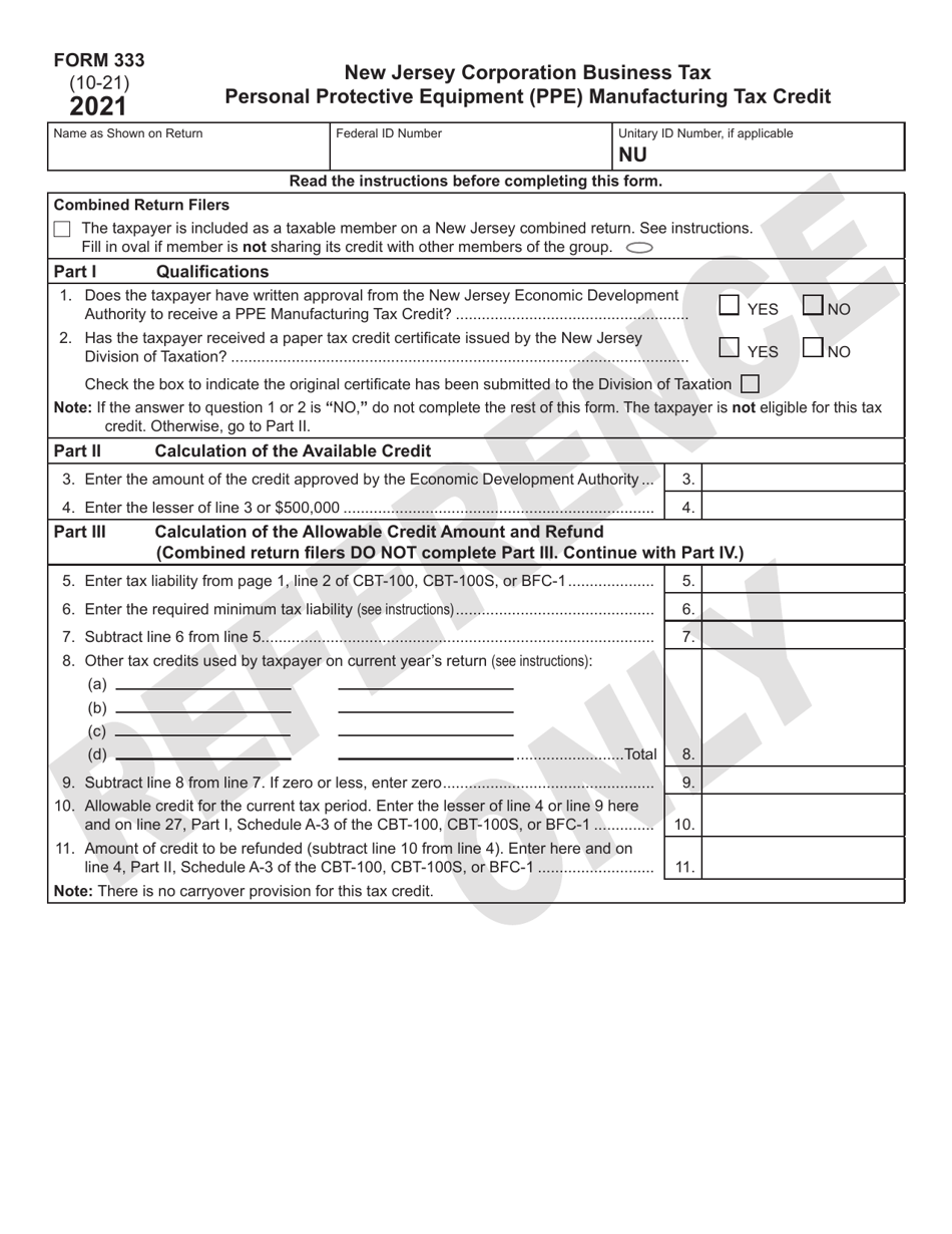 Form 333 Personal Protective Equipment (Ppe) Manufacturing Tax Credit - New Jersey, Page 1