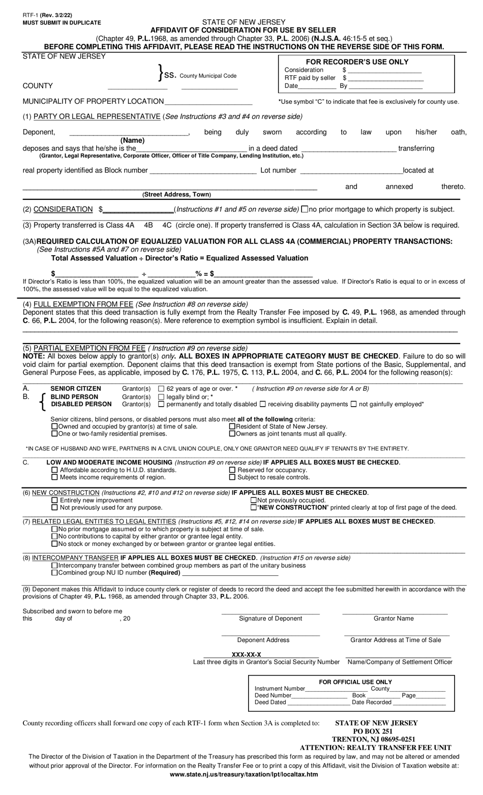 Form RTF-1 Affidavit of Consideration for Use by Seller - New Jersey, Page 1