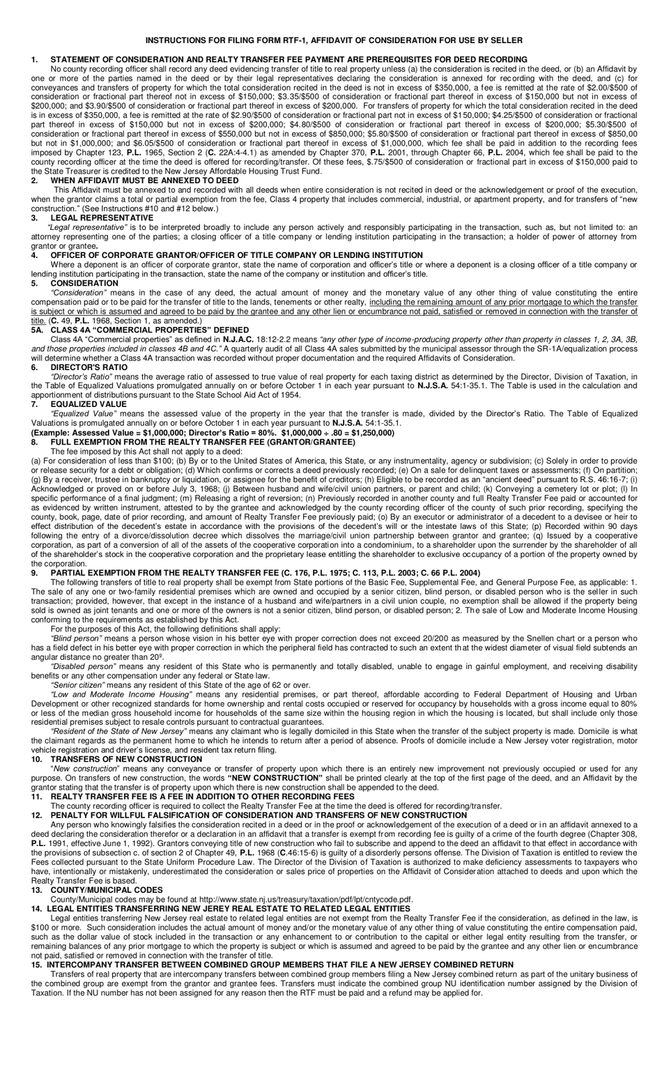 Form RTF-1 Affidavit of Consideration for Use by Seller - New Jersey, Page 2