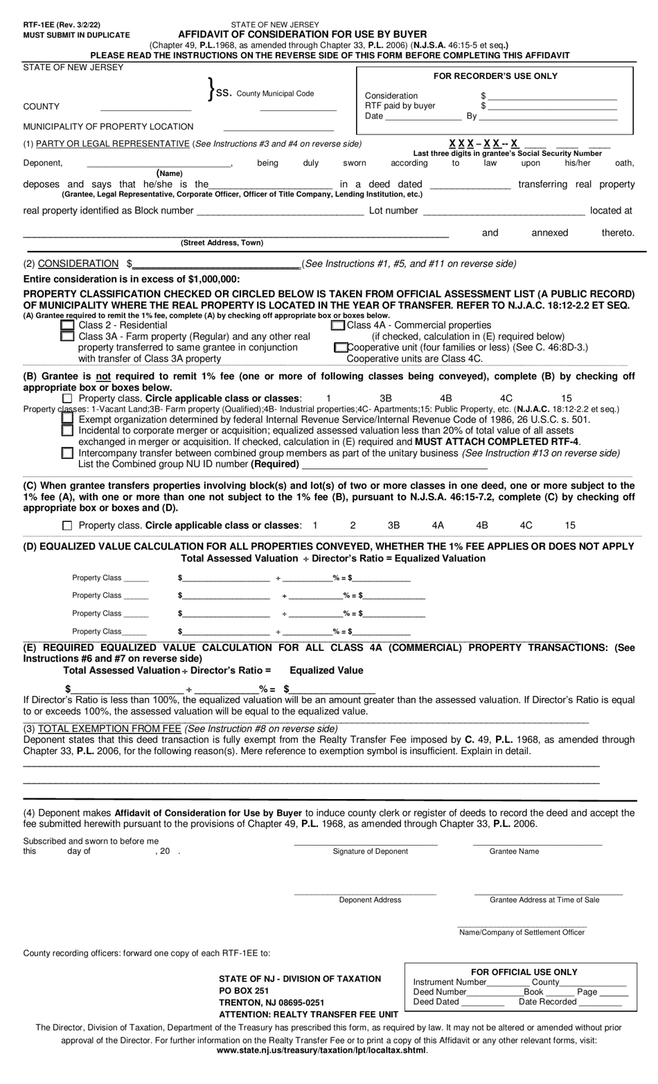 Form RTF-1EE Affidavit of Consideration for Use by Buyer - New Jersey, Page 1