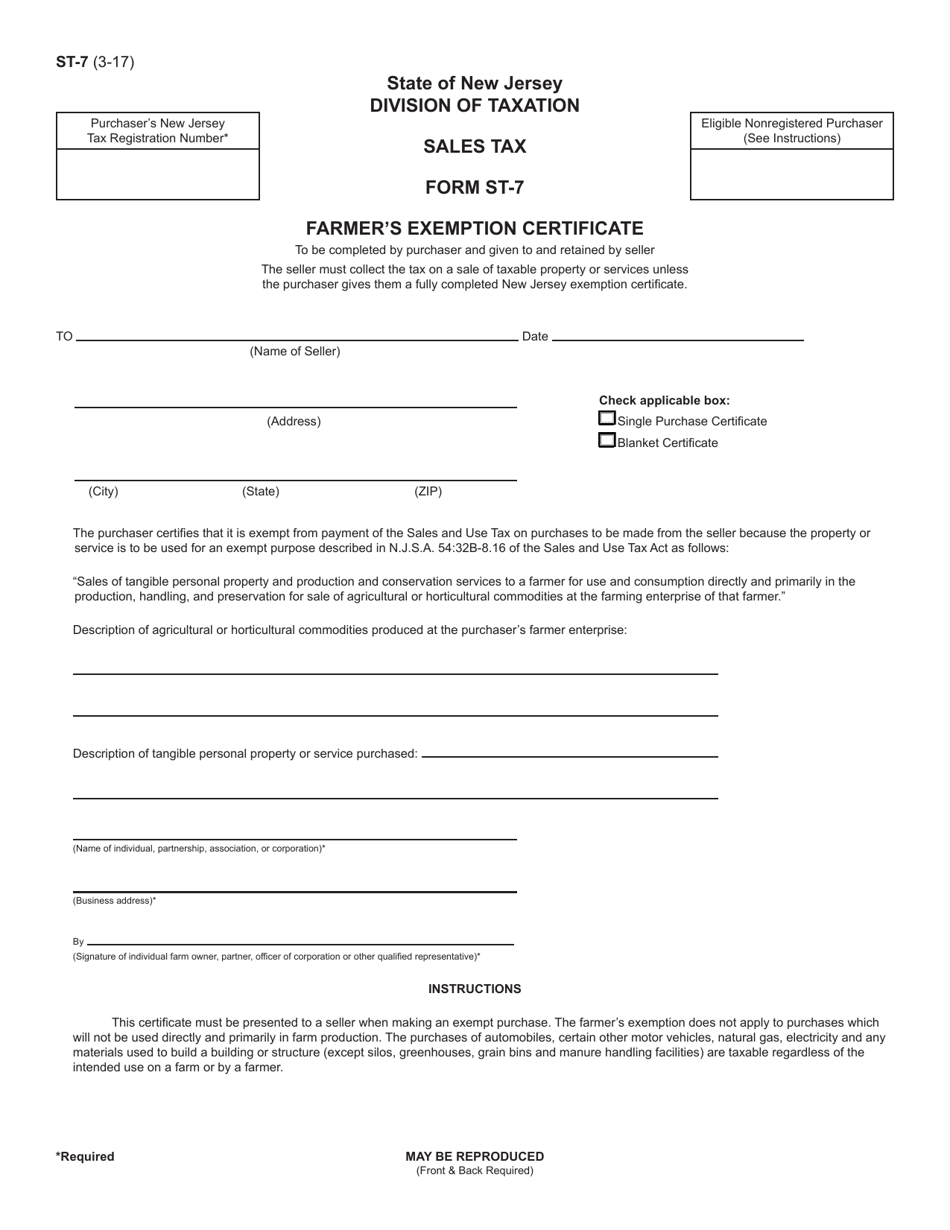 Form ST-7 Farmers Exemption Certificate - New Jersey, Page 1