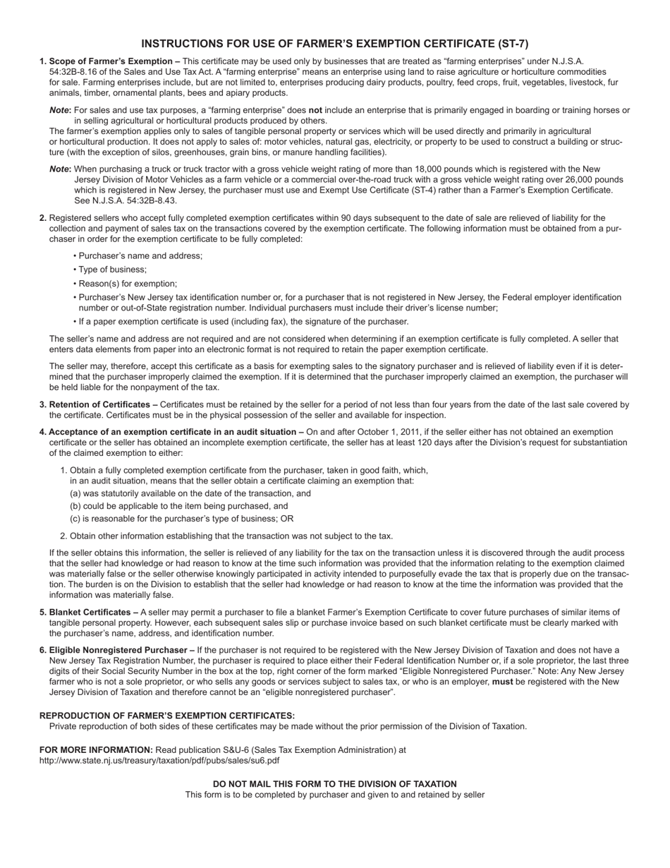 Form ST-7 Farmers Exemption Certificate - New Jersey, Page 2