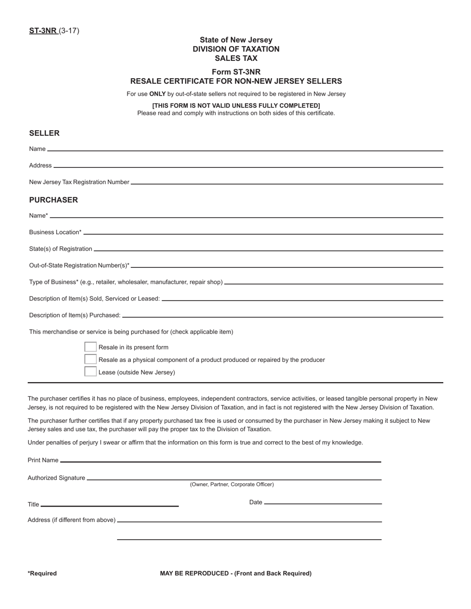 Form ST-3NR Resale Certificate for Non-new Jersey Sellers - New Jersey, Page 1