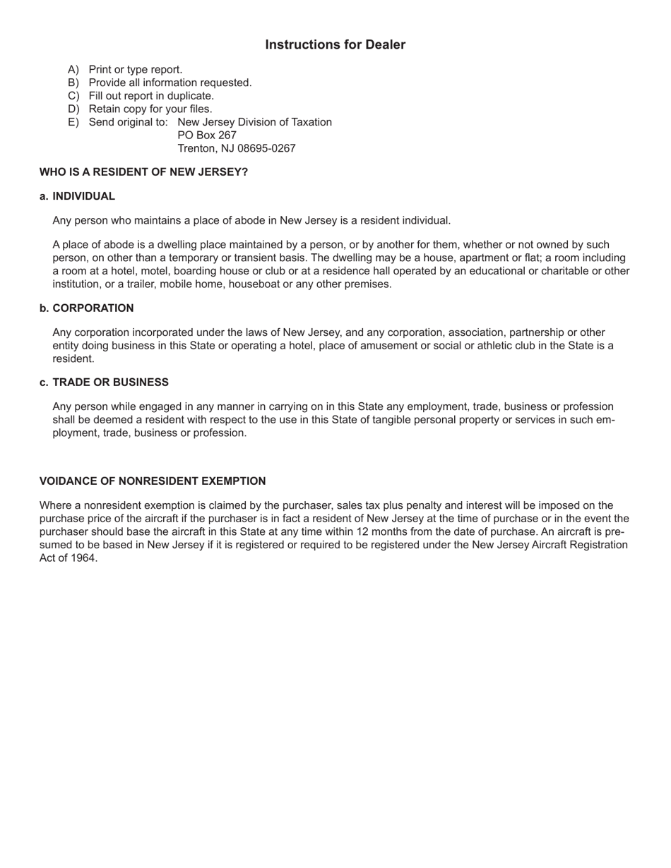 Form ST-10-A Aircraft Dealer Sales and Use Tax Exemption Report - New Jersey, Page 2