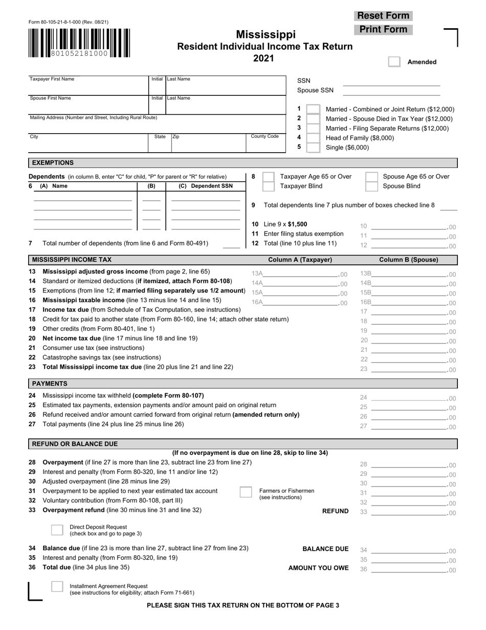 Form 80-105 Resident Individual Income Tax Return - Mississippi, Page 1