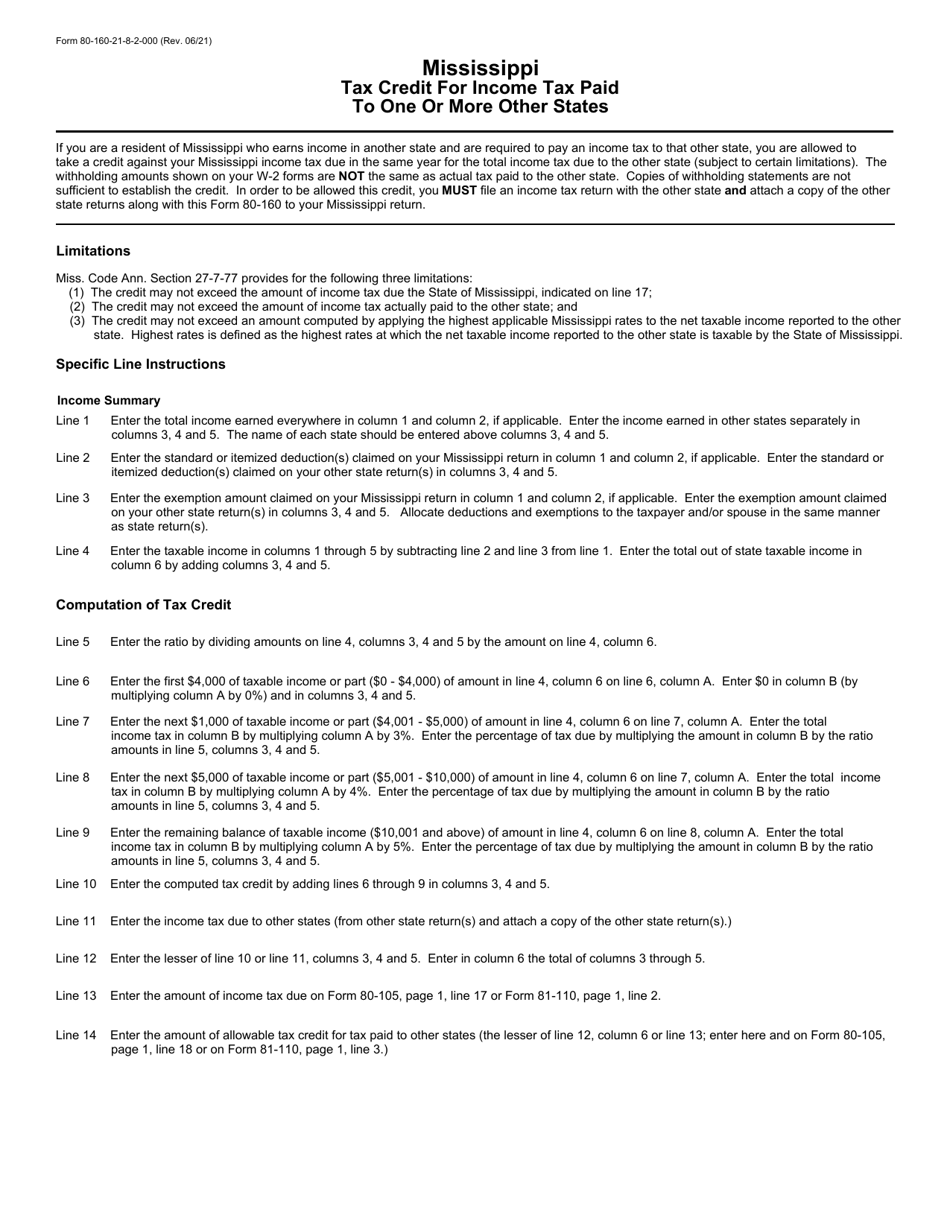 Form 80-160 Tax Credit for Income Tax Paid to One or More Other States - Mississippi, Page 2
