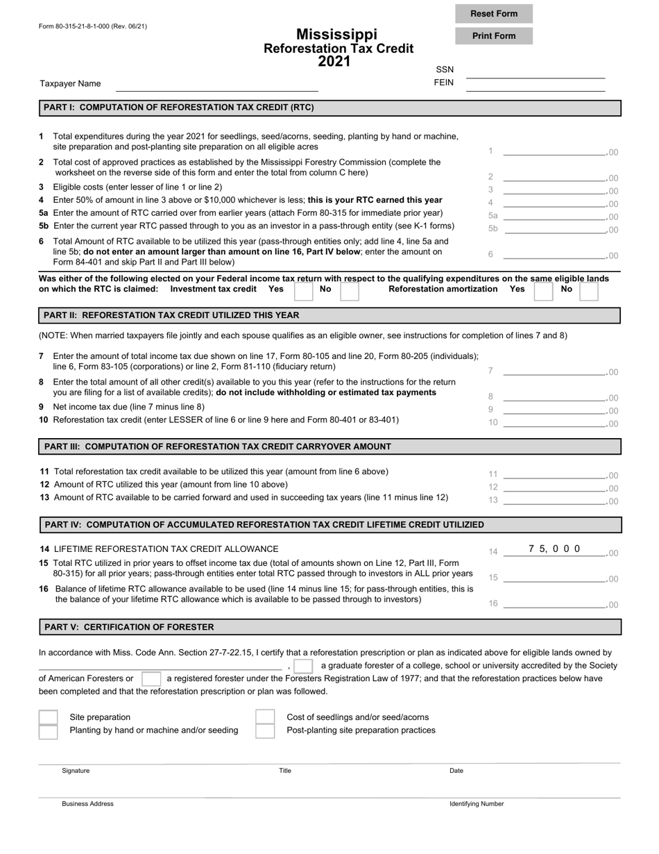 Form 80-315 Reforestation Tax Credit - Mississippi, Page 1