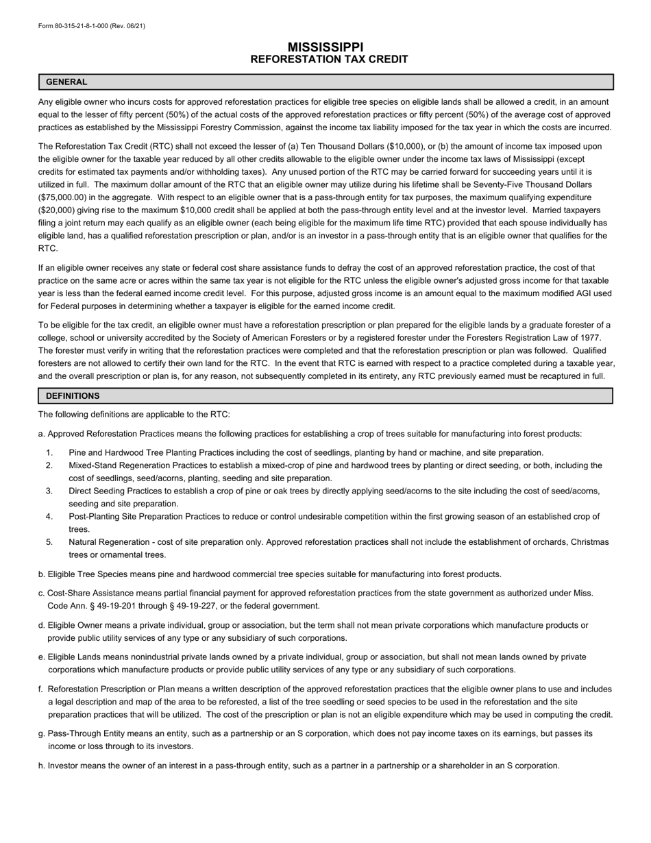 Instructions for Form 80-315 Reforestation Tax Credit - Mississippi, Page 1