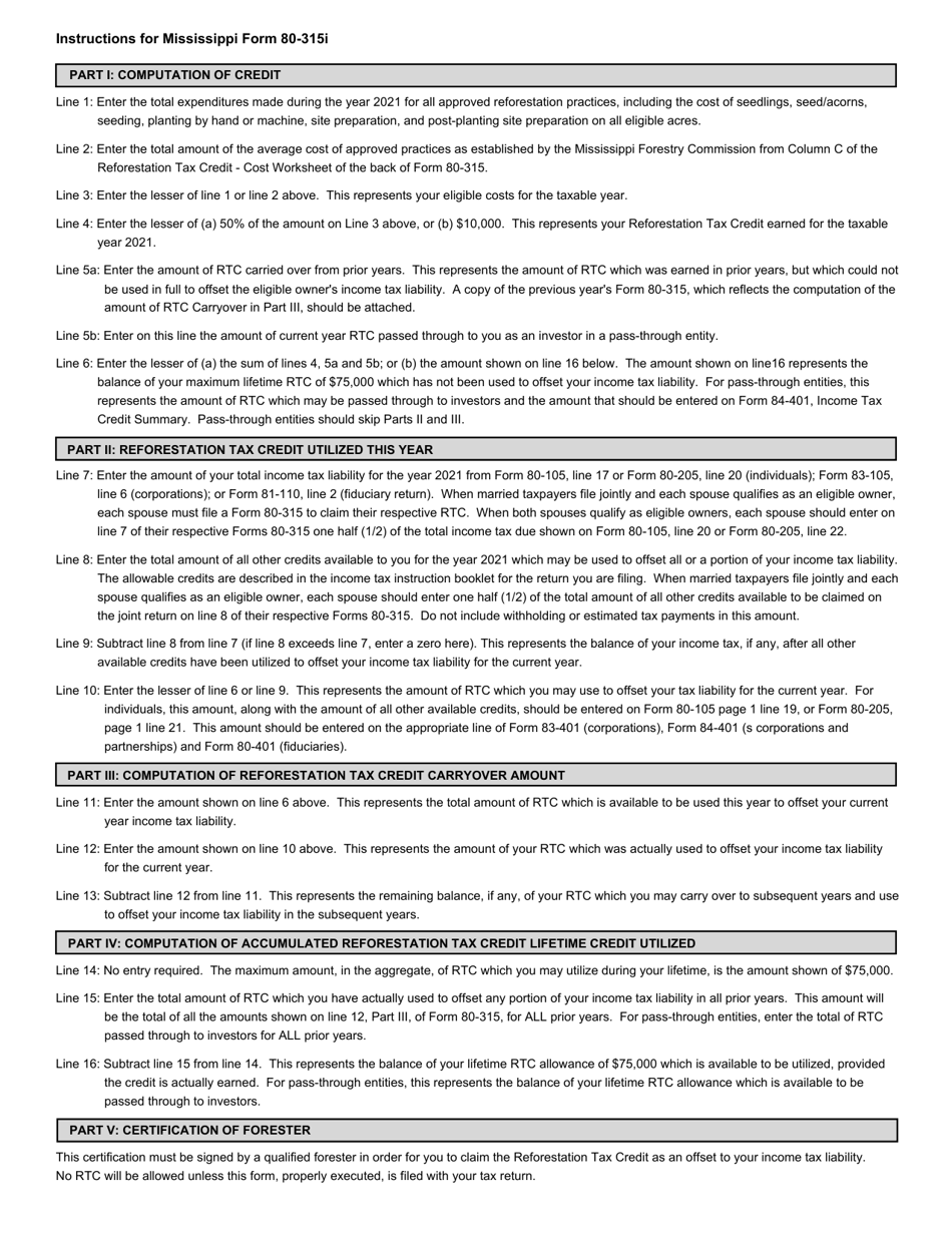 Instructions for Form 80-315 Reforestation Tax Credit - Mississippi, Page 2