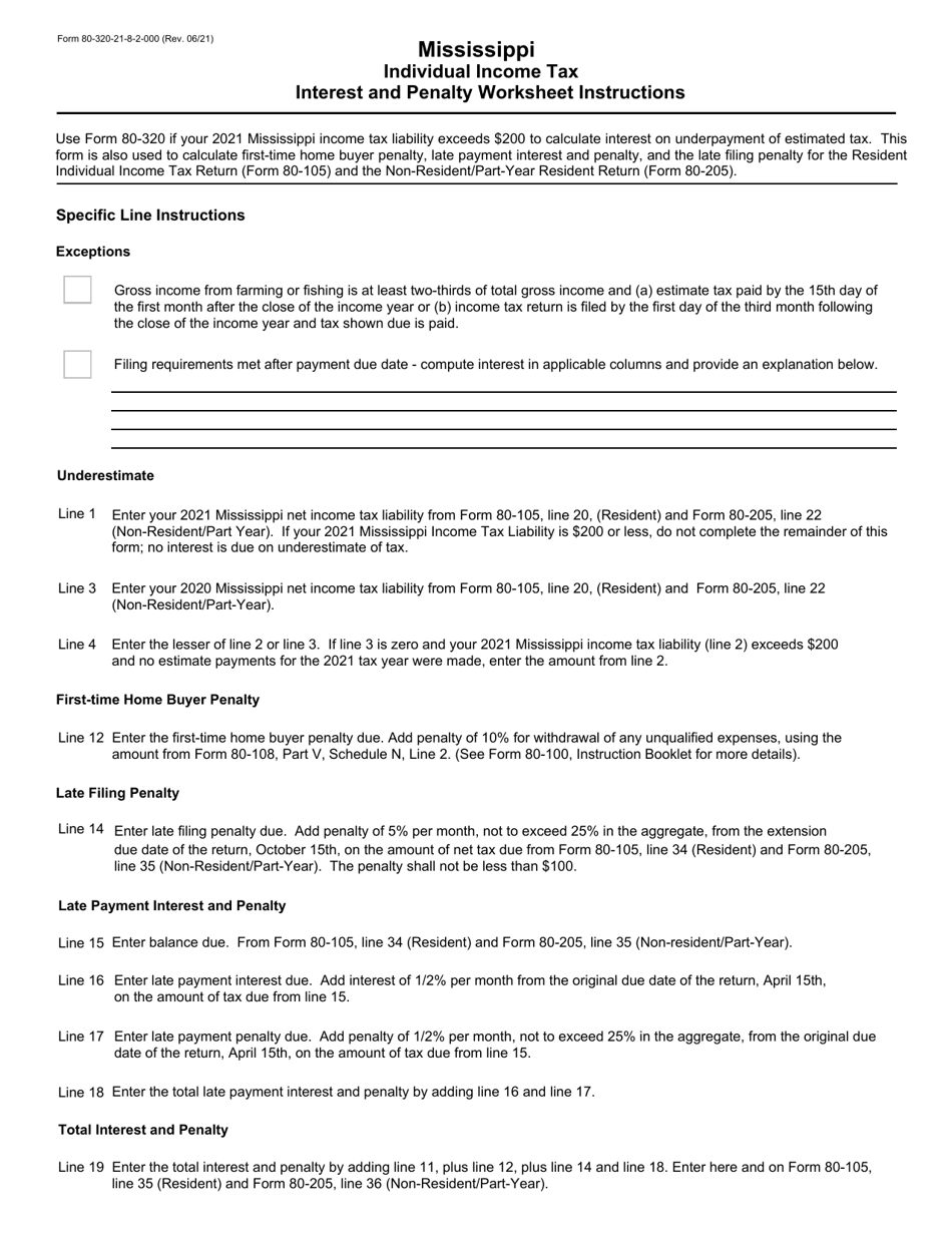 Form 80-320 Mississippi Individual Income Tax Interest and Penalty Worksheet - Mississippi, Page 2