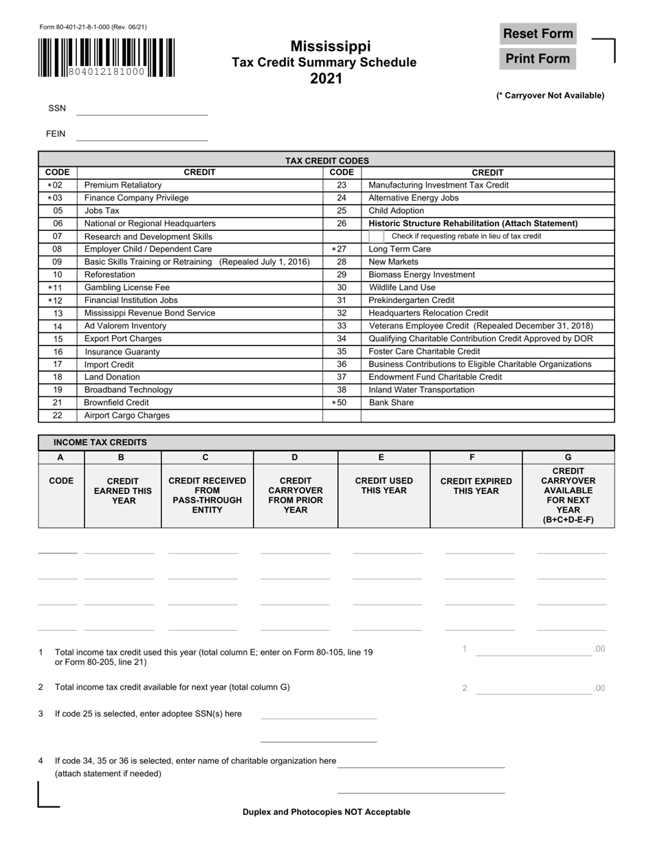 Form 80-401 Tax Credit Summary Schedule - Mississippi, Page 1