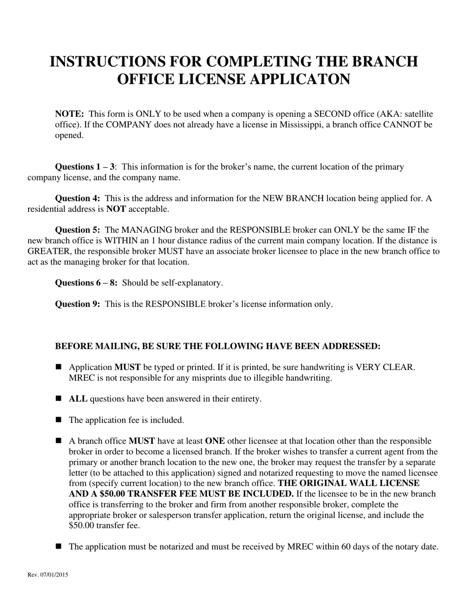 Mississippi Branch Office License Application Fill Out, Sign Online