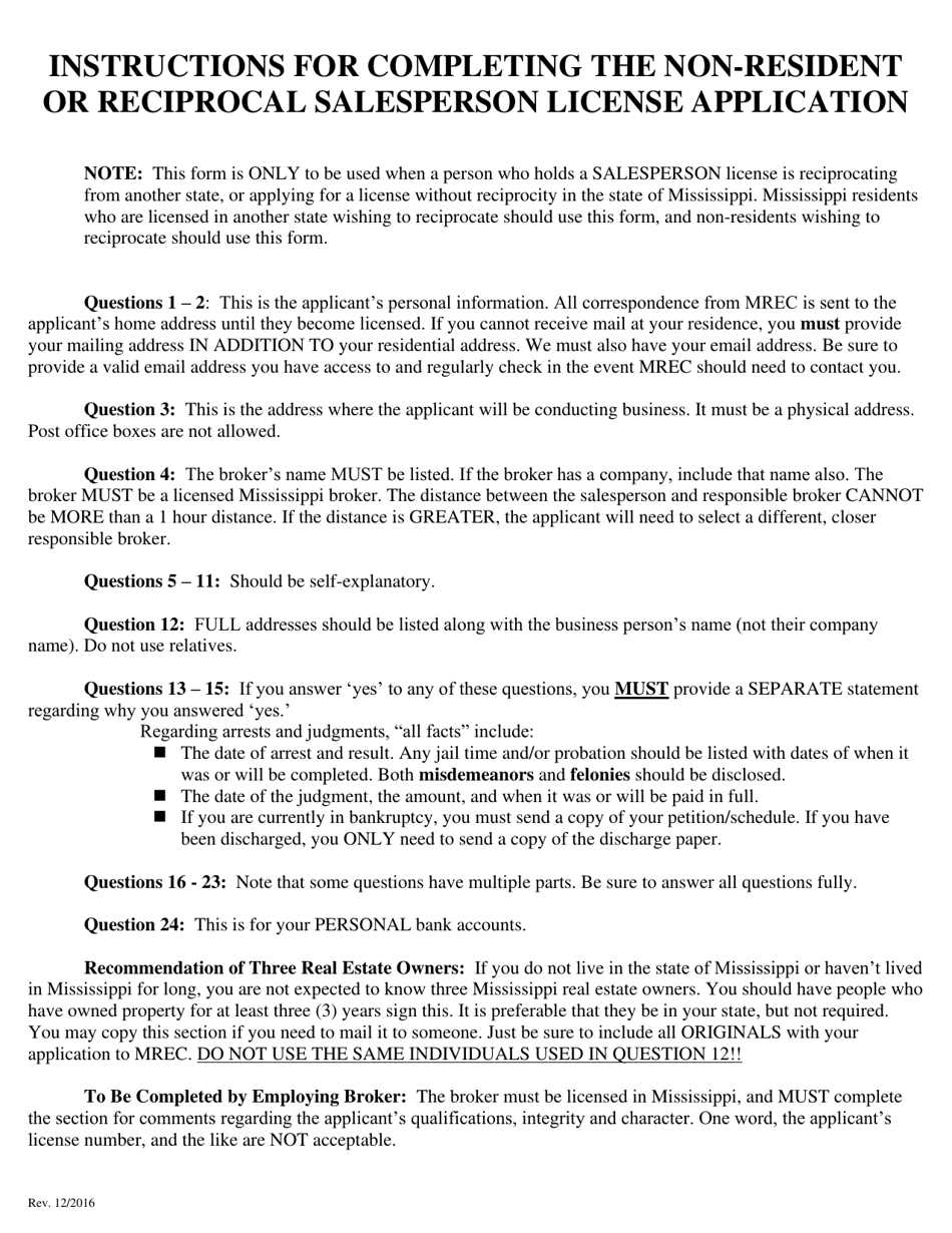 Mississippi Application for a Nonresident or Reciprocal Salesperson's