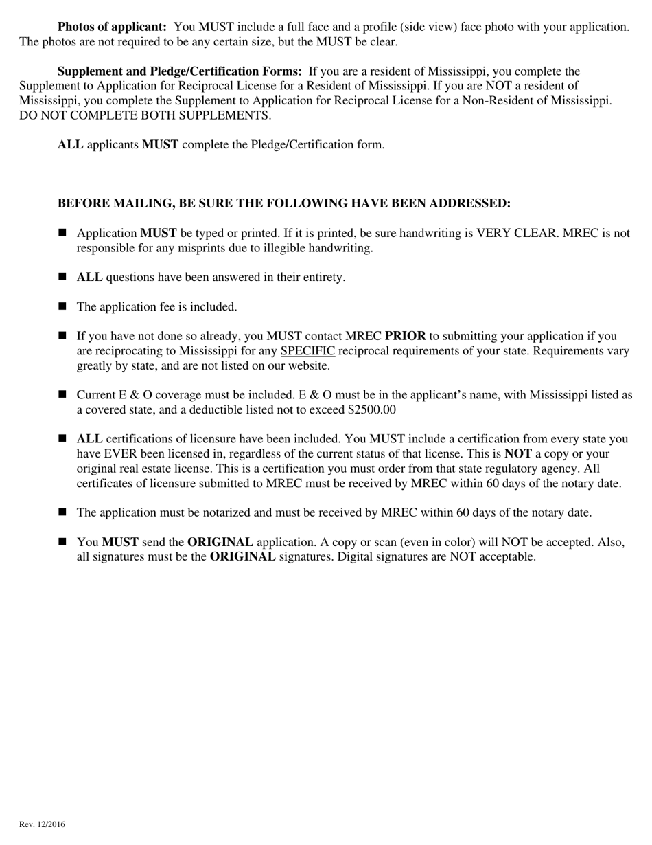 Application for a Non-resident or Reciprocal Salespersons License - Mississippi, Page 2