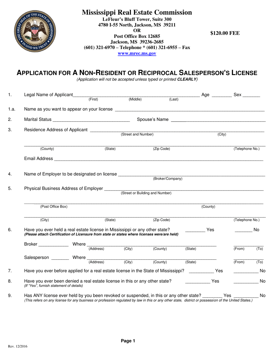 Mississippi Application for a Nonresident or Reciprocal Salesperson's