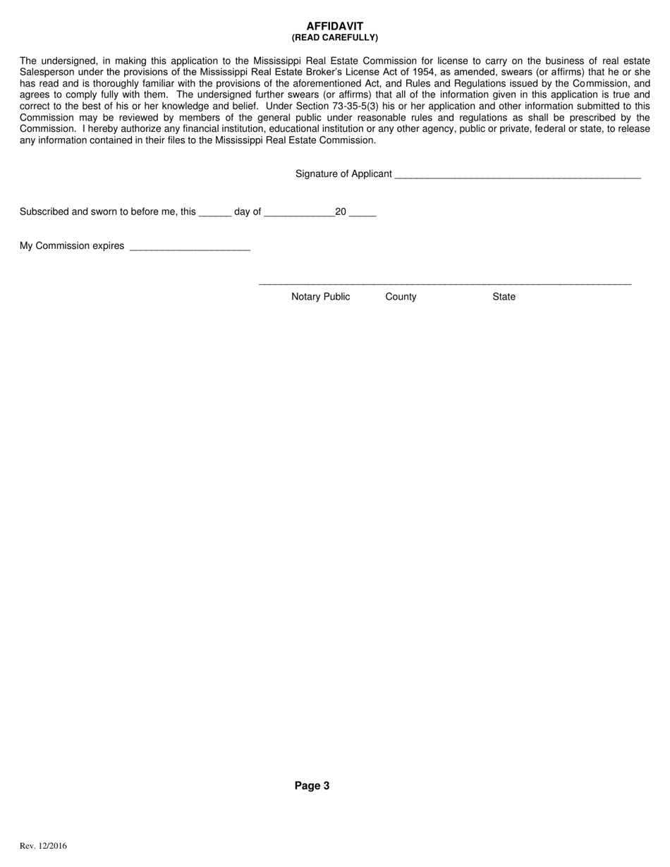 Mississippi Application for a Nonresident or Reciprocal Salesperson's