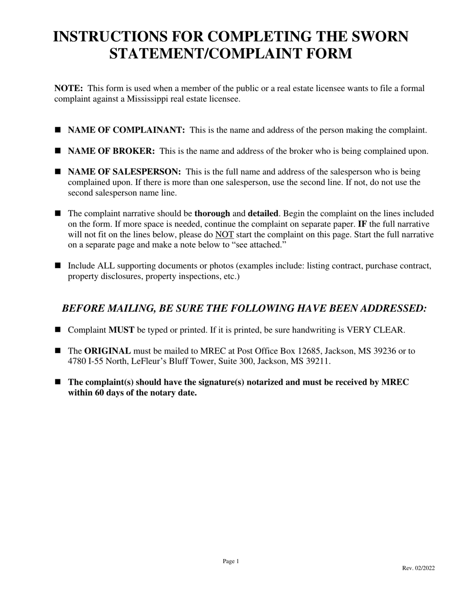 Sworn Statement / Complaint Form - Mississippi, Page 1