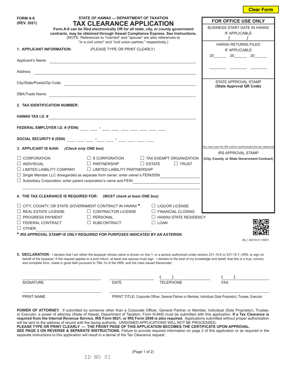 Form A-6 Tax Clearance Application - Hawaii, Page 1