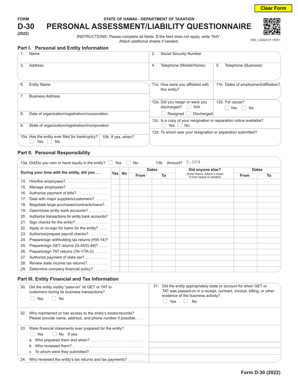 Form D-30 Personal Assessment / Liability Questionnaire - Hawaii, Page 1