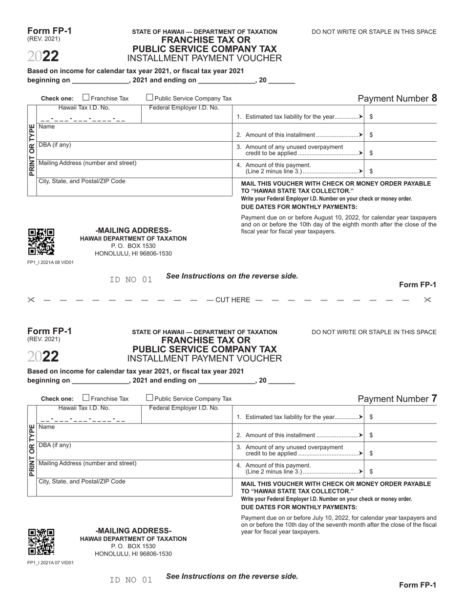 Form FP-1 Franchise Tax or Public Service Company Tax Installment Payment Voucher - Hawaii, Page 7
