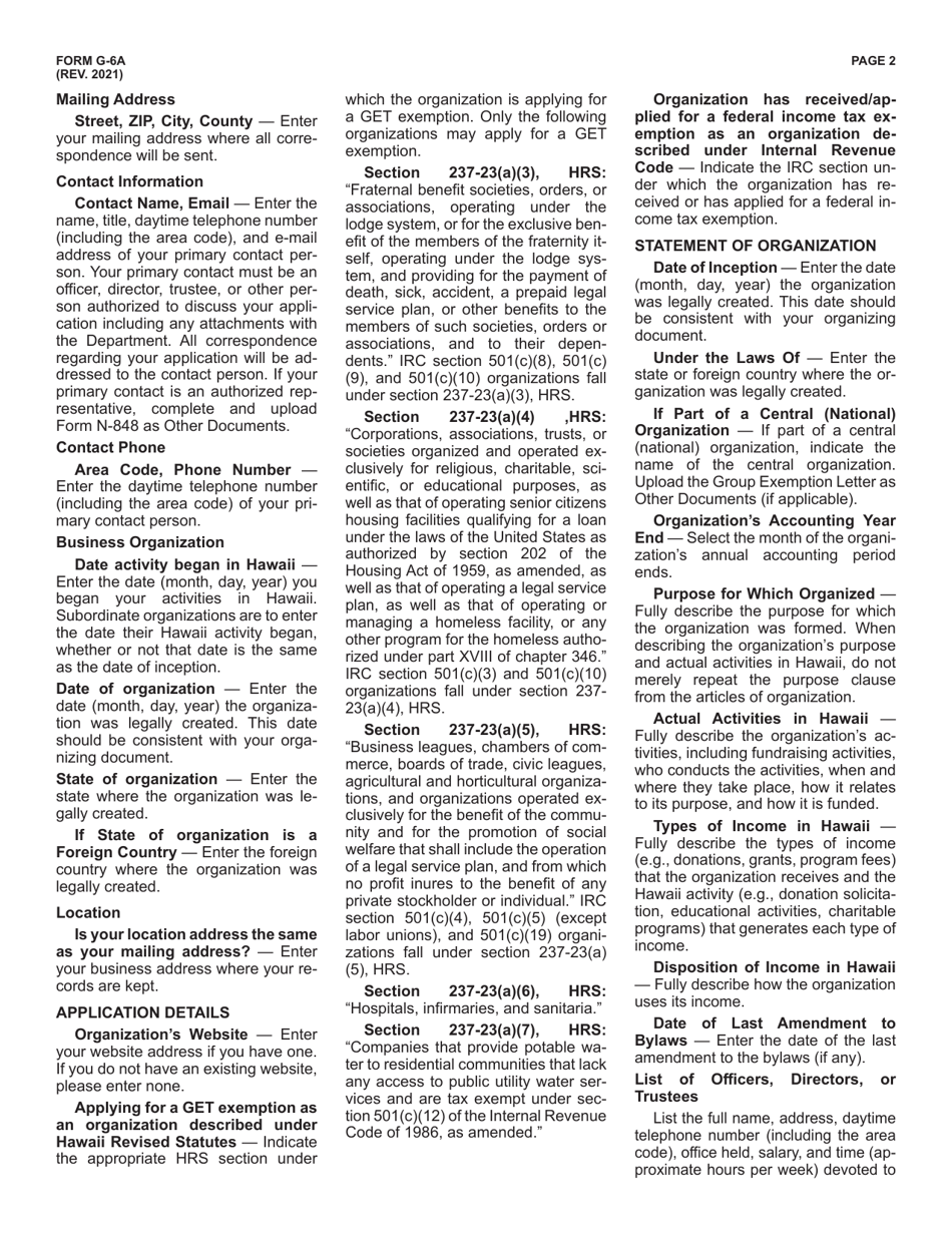 Instructions for Form G-6 Information Required to File for an Exemption From General Excise Taxes - Hawaii, Page 2