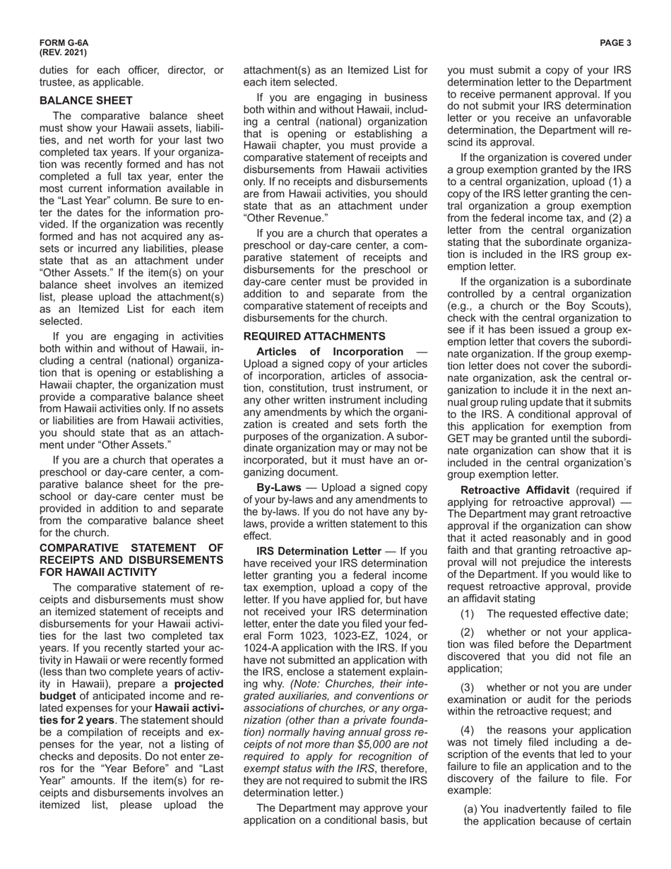 Instructions for Form G-6 Information Required to File for an Exemption From General Excise Taxes - Hawaii, Page 3