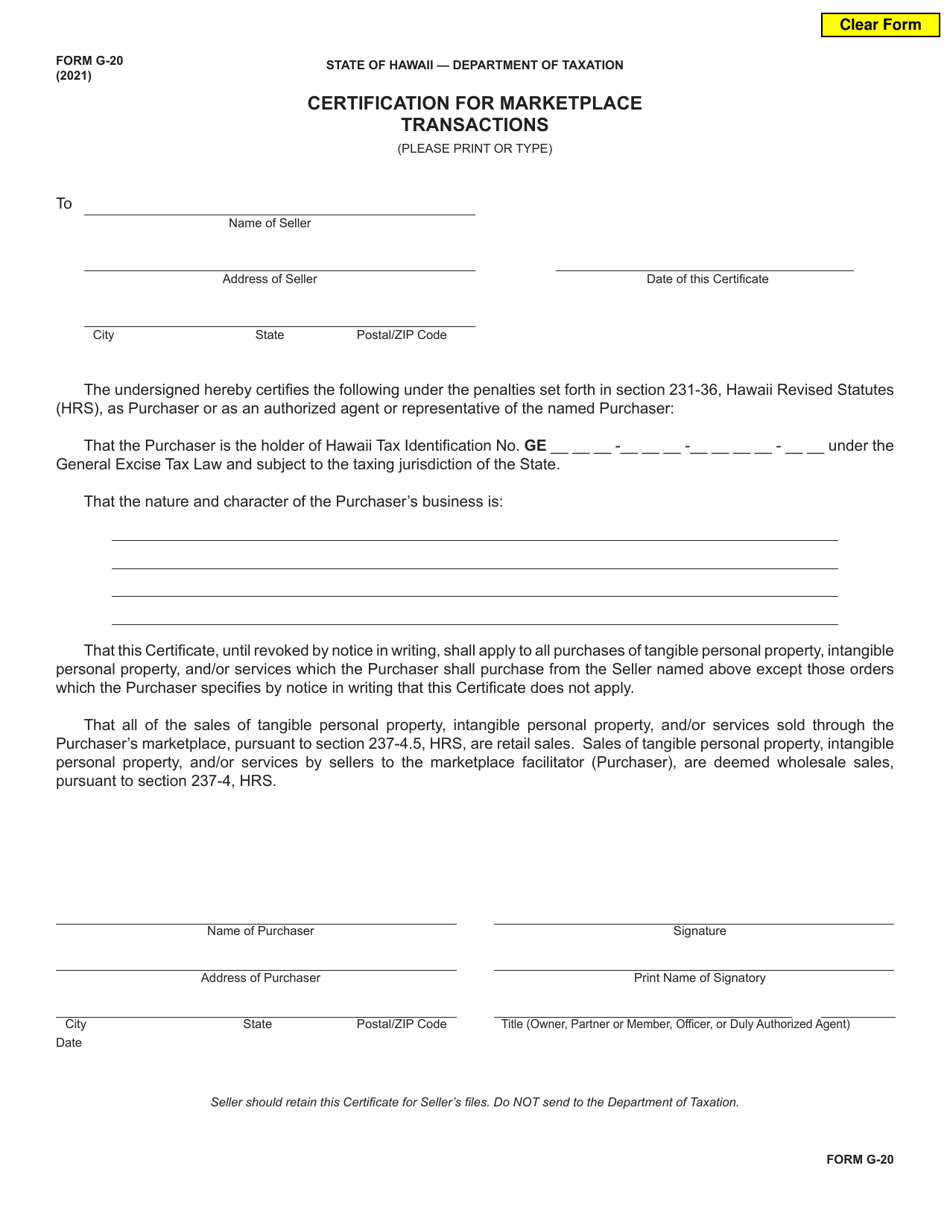 Form G-20 Certification for Marketplace Transactions - Hawaii, Page 1