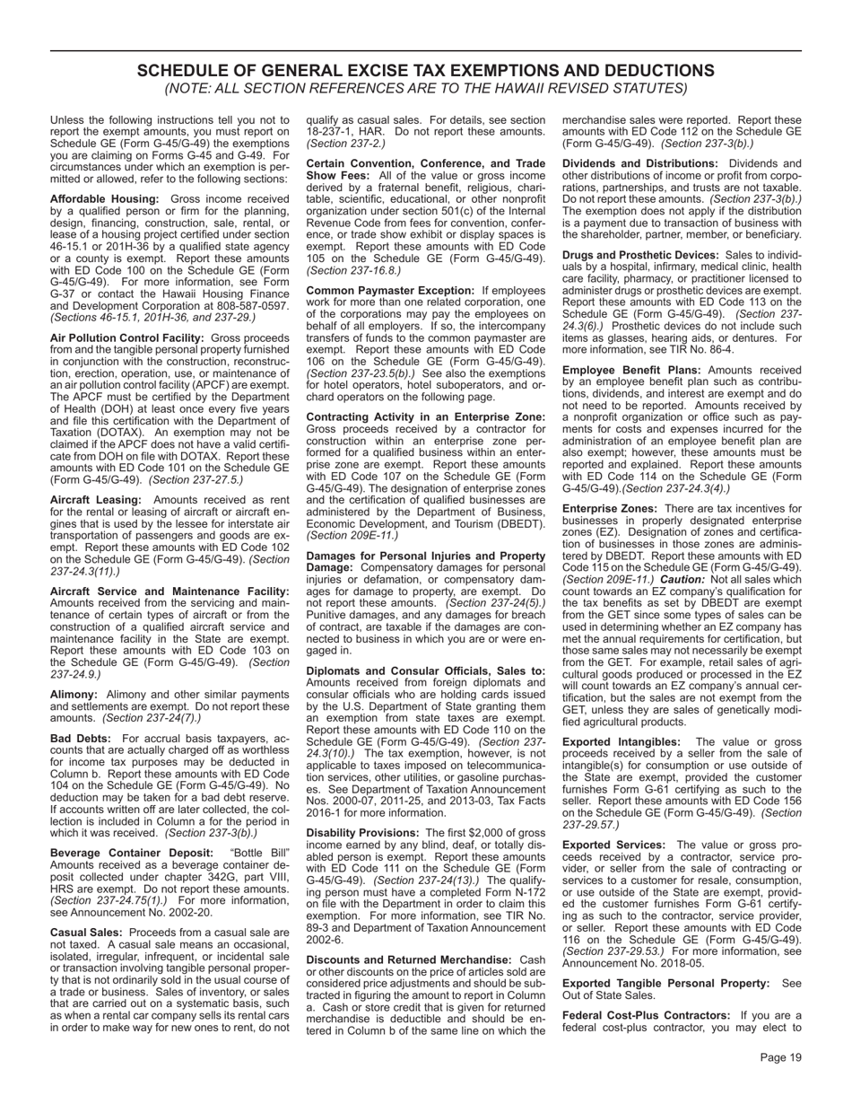 Instructions for Form G-45 General Excise / Use Tax Returns - Hawaii, Page 19
