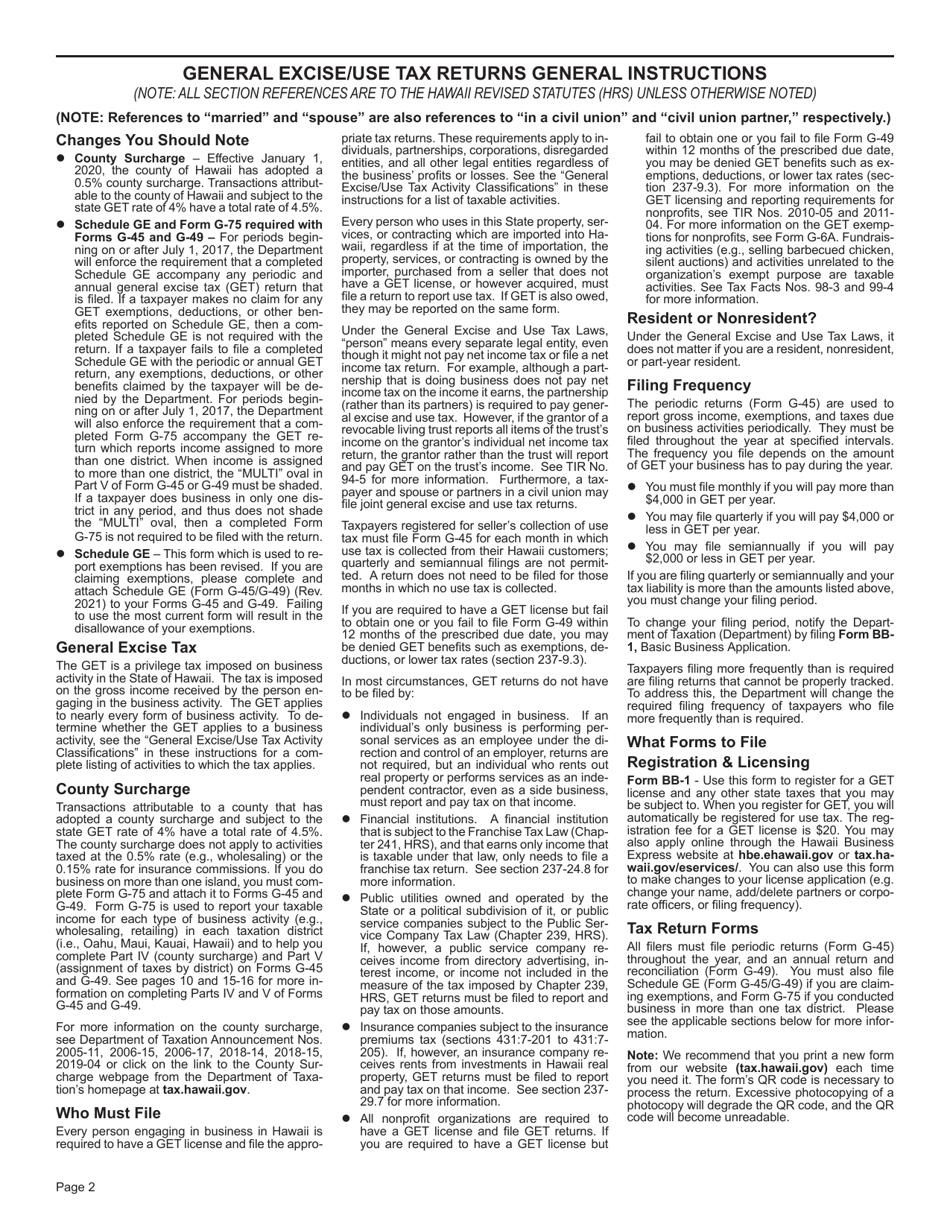 Instructions for Form G-45 General Excise / Use Tax Returns - Hawaii, Page 2