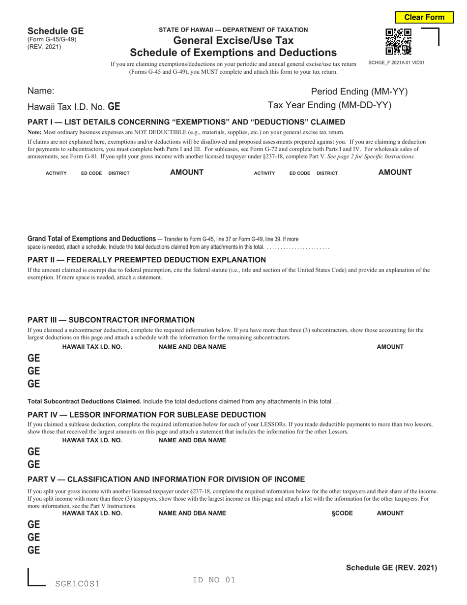 Form G 45 G 49 Schedule Ge Download Fillable Pdf Or Fill Online General Exciseuse Tax 3013